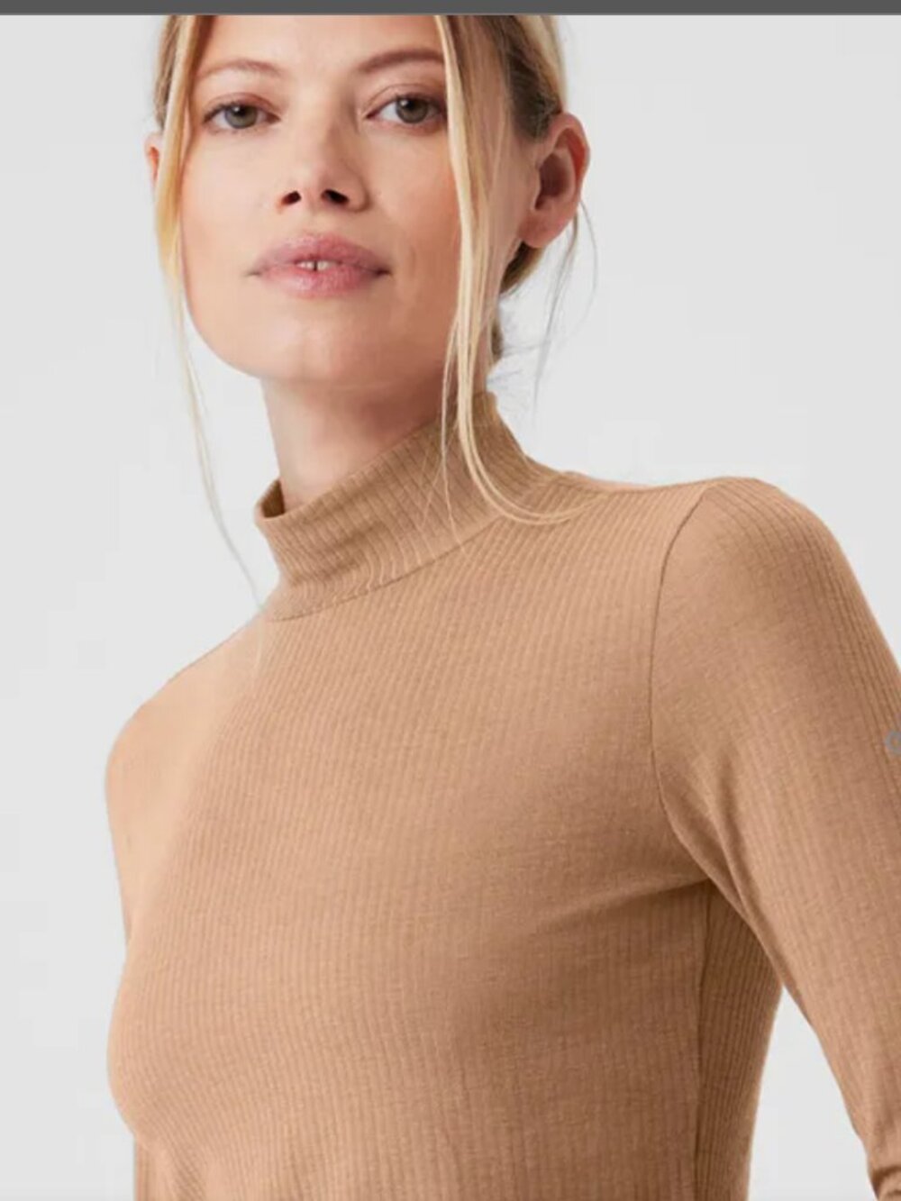 ALO Yoga Ribbed Seacoast Mock Neck Modal Long Sleeve Top in Tan XS/S - Picture 9 of 12